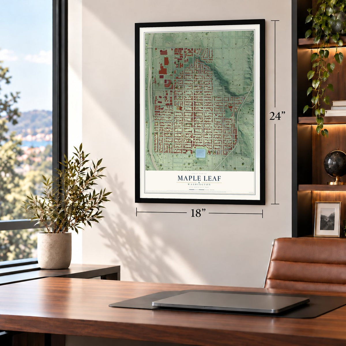 Maple Leaf, Washington map, 18 x 24 inch print in a black frame in a home office