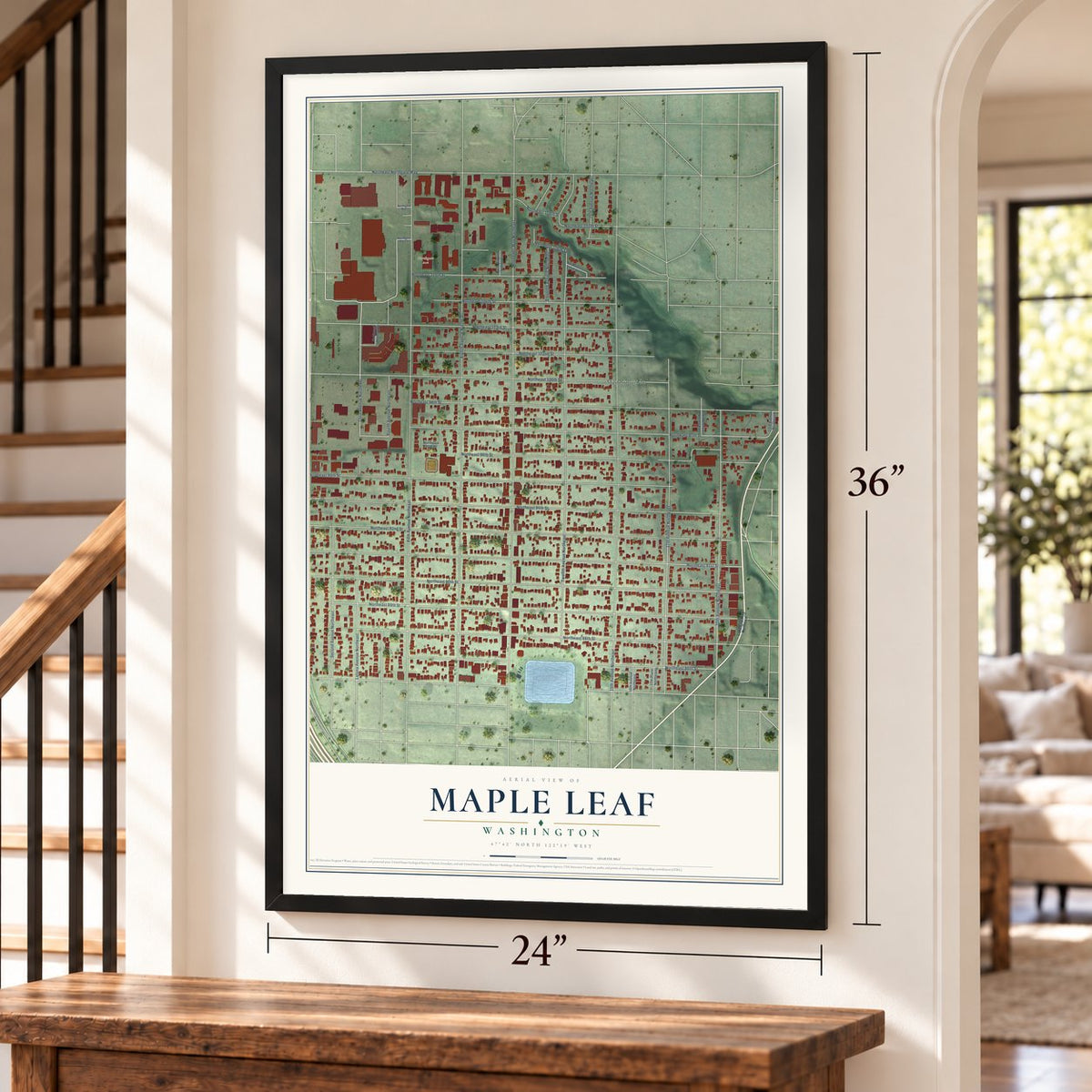 Maple Leaf, Washington map, 24 x 36 inch print in a black frame by a staircase