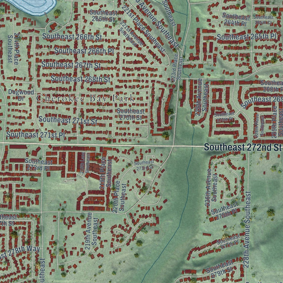 Close-up of the map of Maple Valley, Washington print showing street and building detail