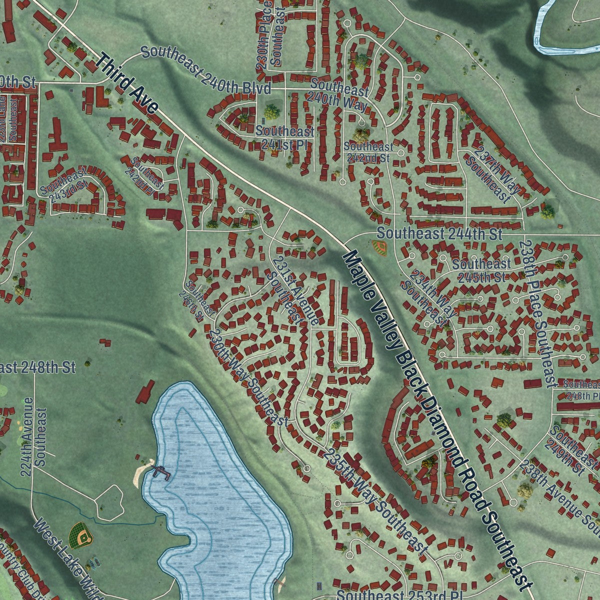 Second close-up of the map of Maple Valley, Washington print showing more streets and buildings