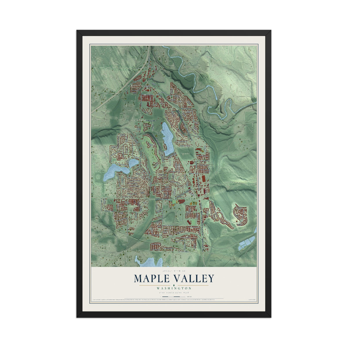 Map of Maple Valley, Washington, 12 x 18 inch print in a black wood frame