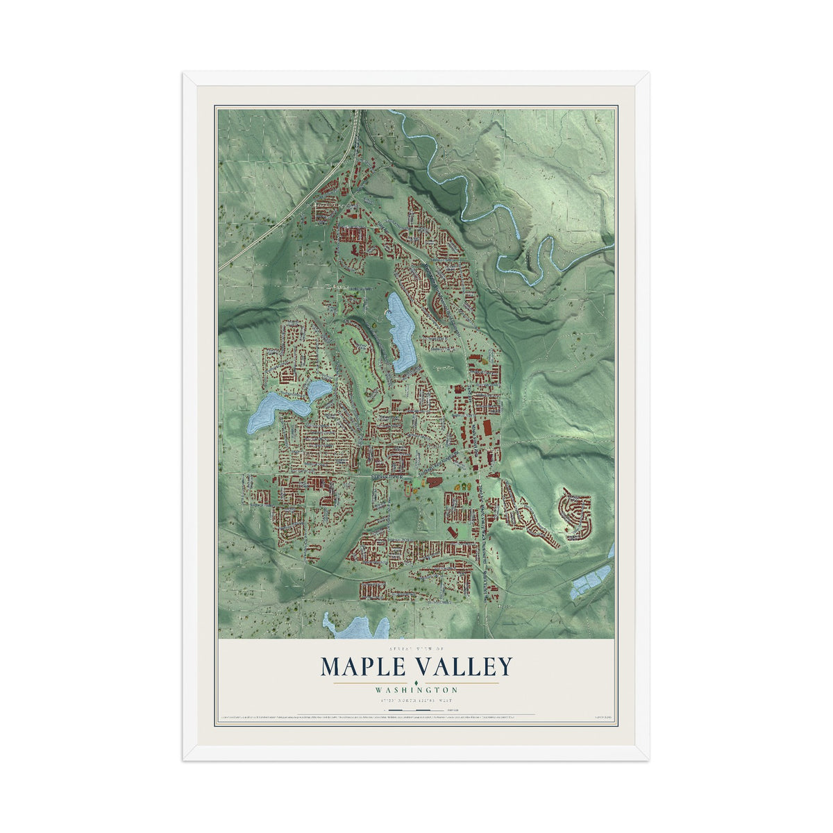 Map of Maple Valley, Washington, 12 x 18 inch print in a white wood frame