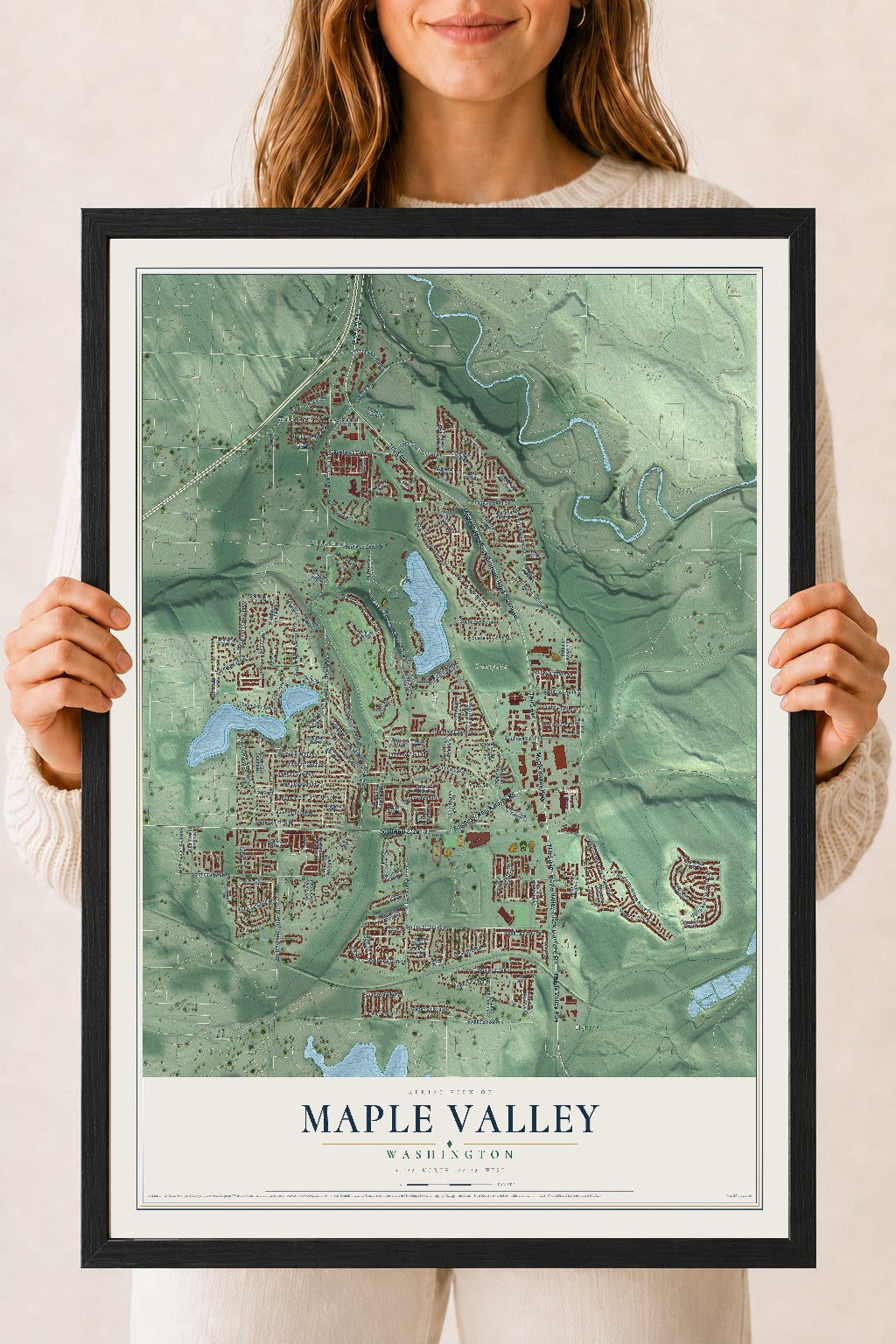 Map of Maple Valley, Washington, 18 x 24 inch print in a black wood frame