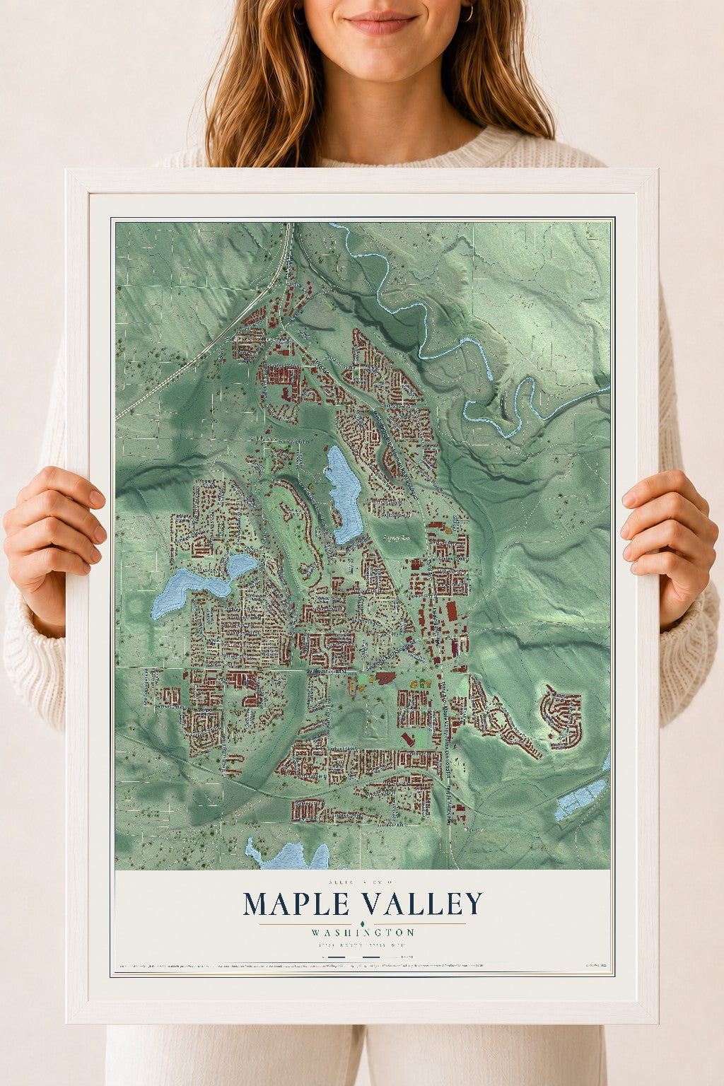 Map of Maple Valley, Washington, 18 x 24 inch print in a white wood frame