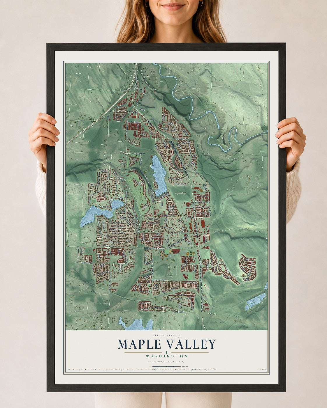 Map of Maple Valley, Washington, 24 x 36 inch print in a black wood frame