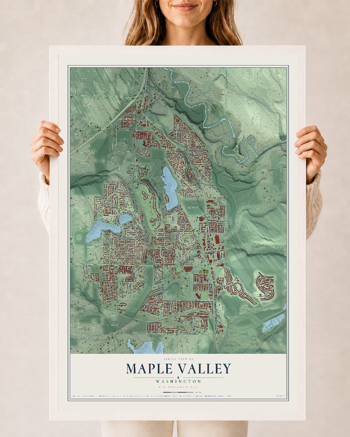 Map of Maple Valley, Washington, 24 x 36 inch print in a white wood frame