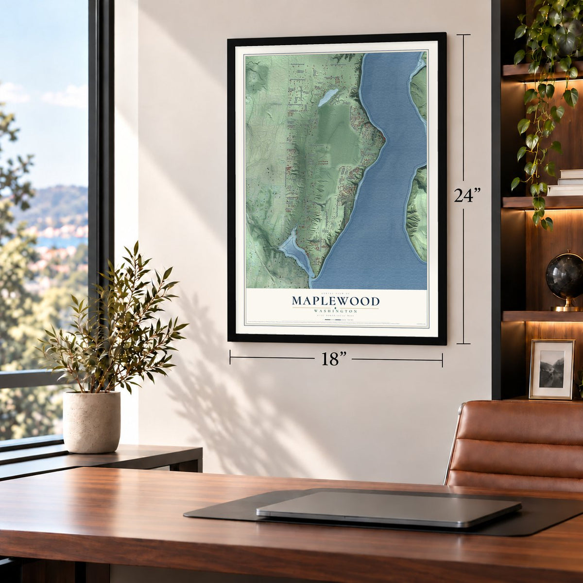 Maplewood, Washington map, 18 x 24 inch print in a black frame in a home office