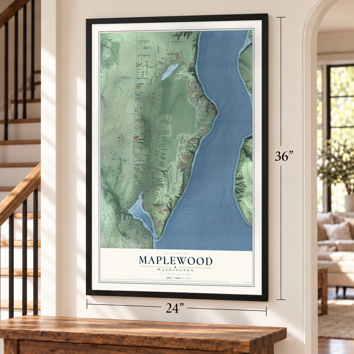 Maplewood, Washington map, 24 x 36 inch print in a black frame by a staircase