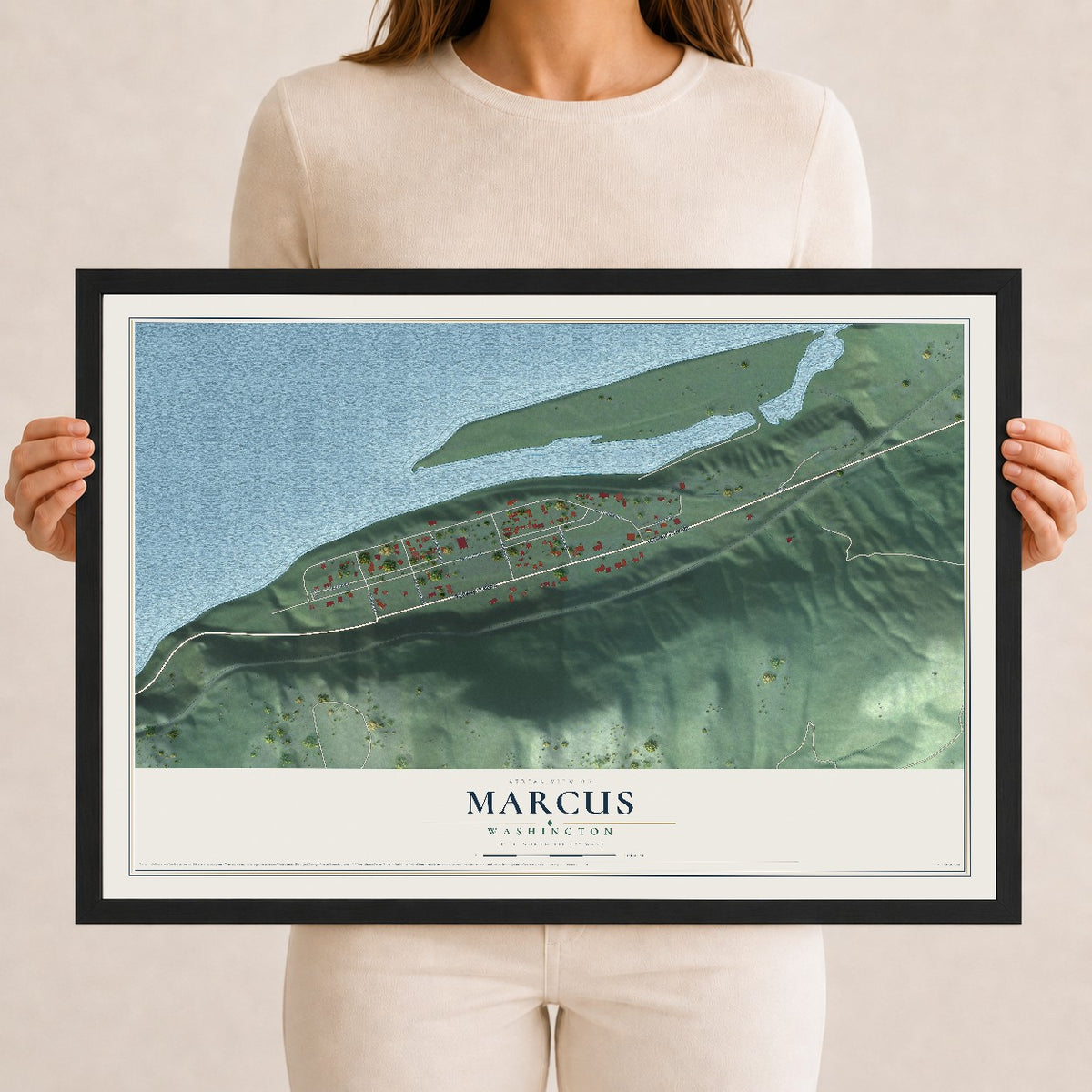 Map of Marcus, Washington, 12 x 18 inch print in a black wood frame