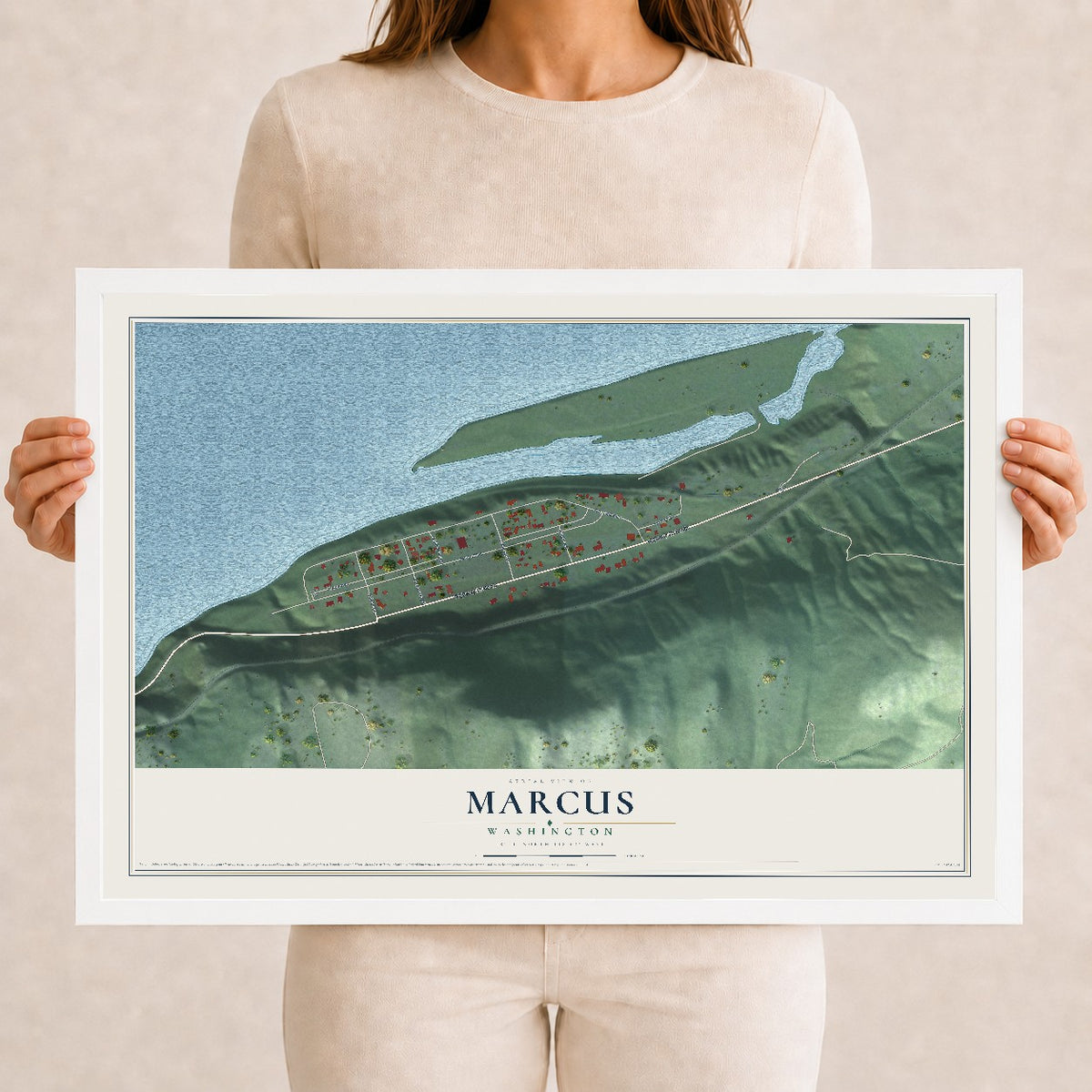 Map of Marcus, Washington, 12 x 18 inch print in a white wood frame