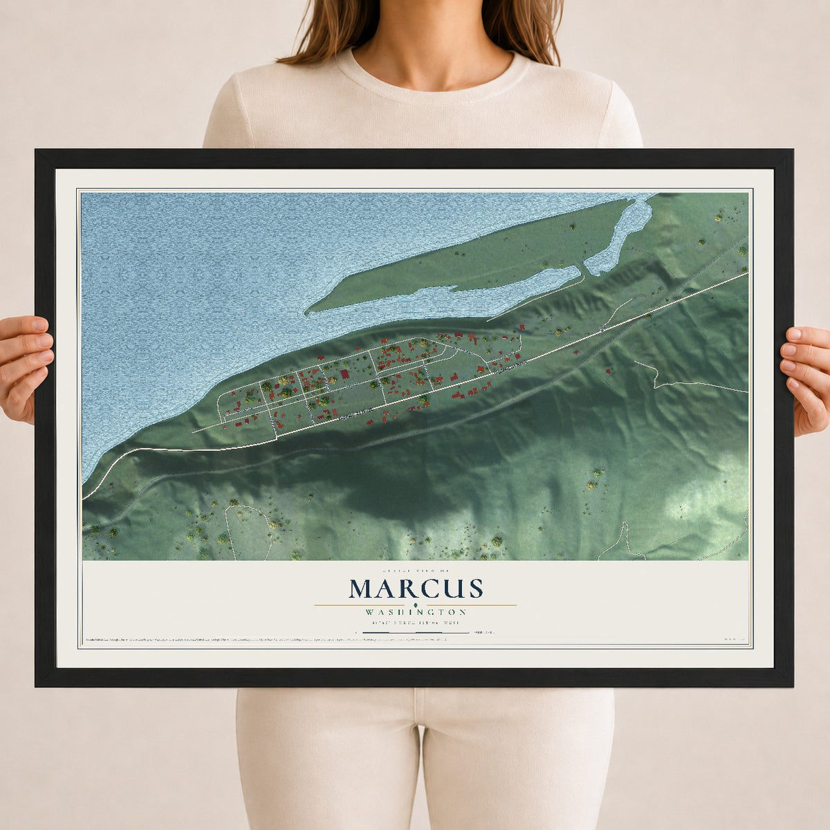 Map of Marcus, Washington, 18 x 24 inch print in a black wood frame