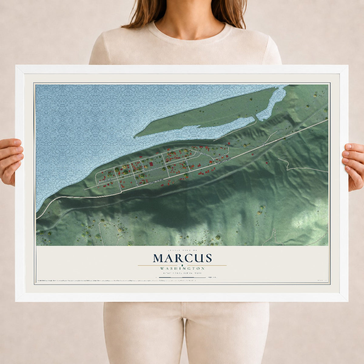 Map of Marcus, Washington, 18 x 24 inch print in a white wood frame
