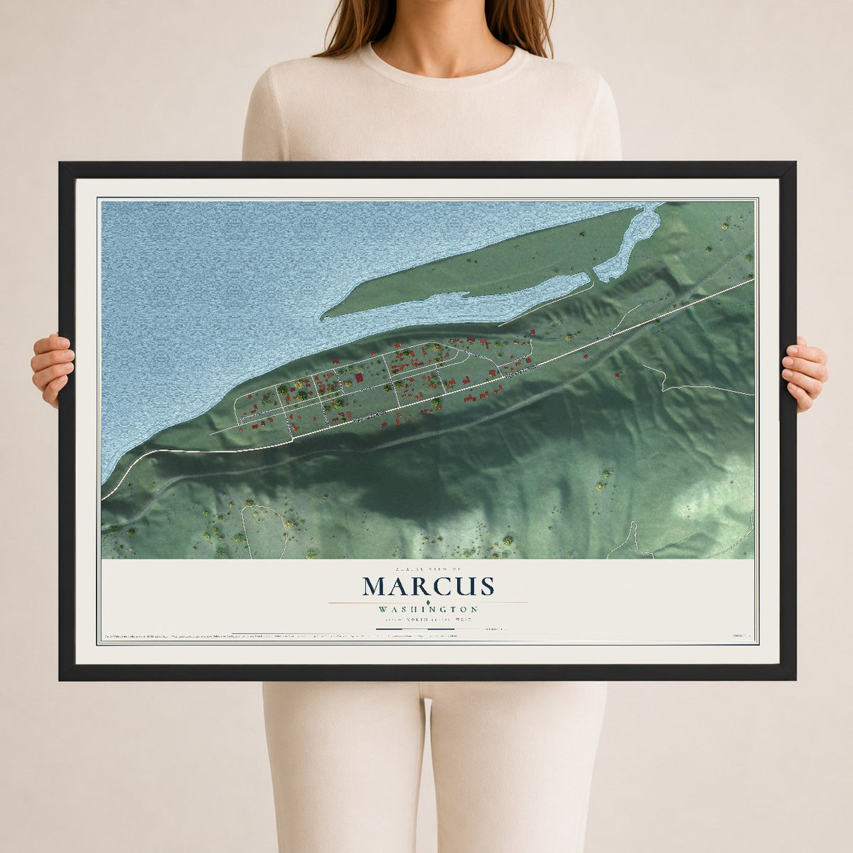 Map of Marcus, Washington, 24 x 36 inch print in a black wood frame
