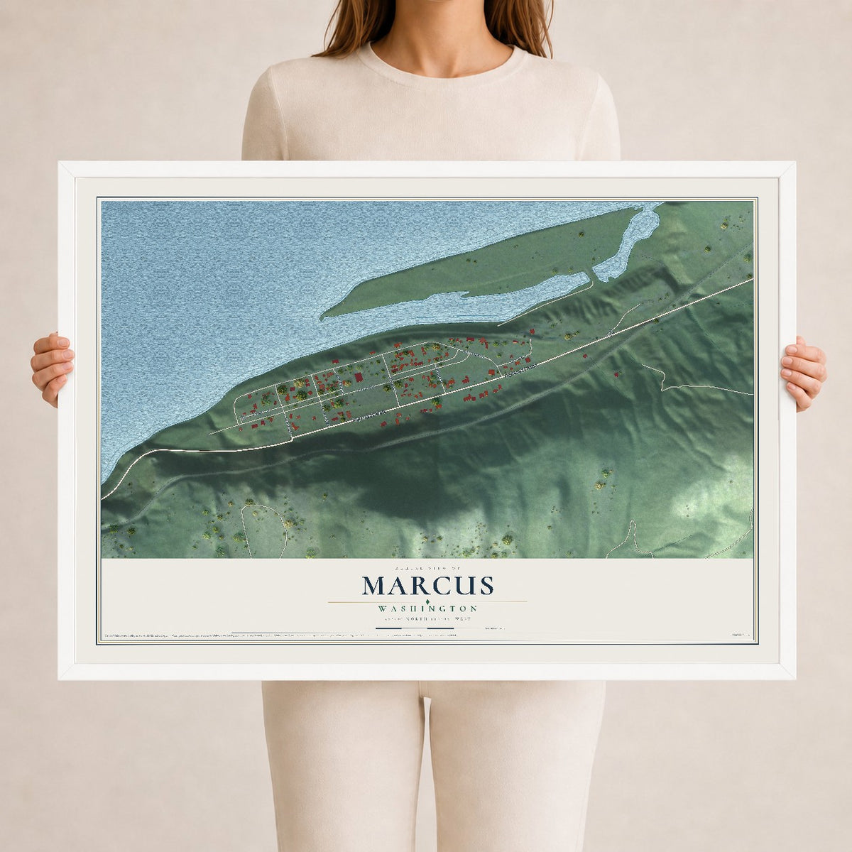 Map of Marcus, Washington, 24 x 36 inch print in a white wood frame