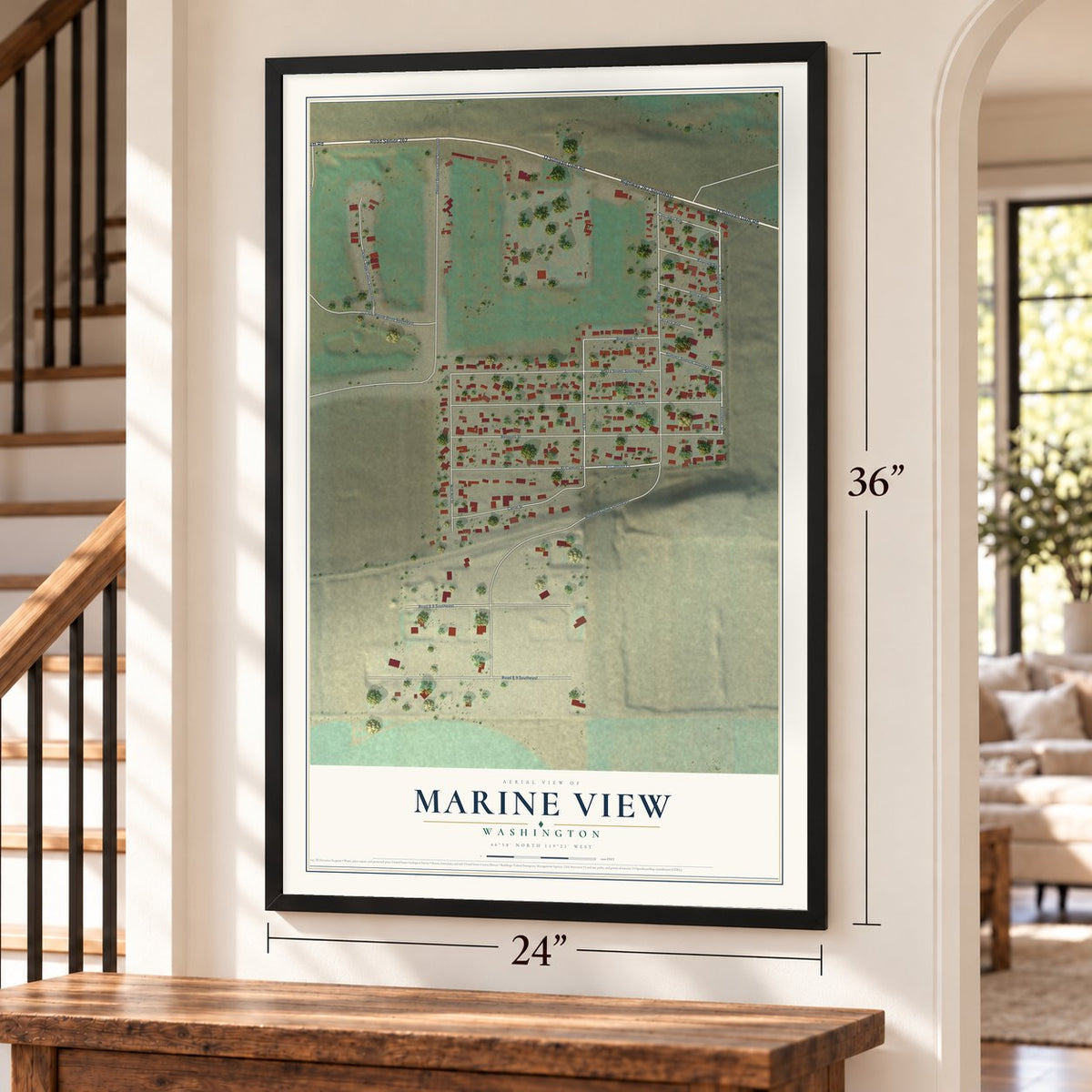 Marine View, Washington map, 24 x 36 inch print in a black frame by a staircase