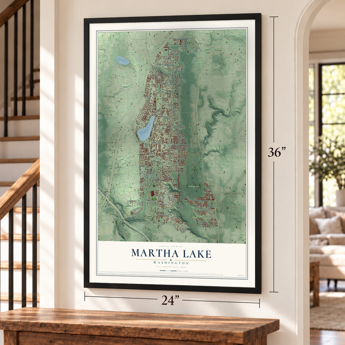 Martha Lake, Washington map, 24 x 36 inch print in a black frame by a staircase