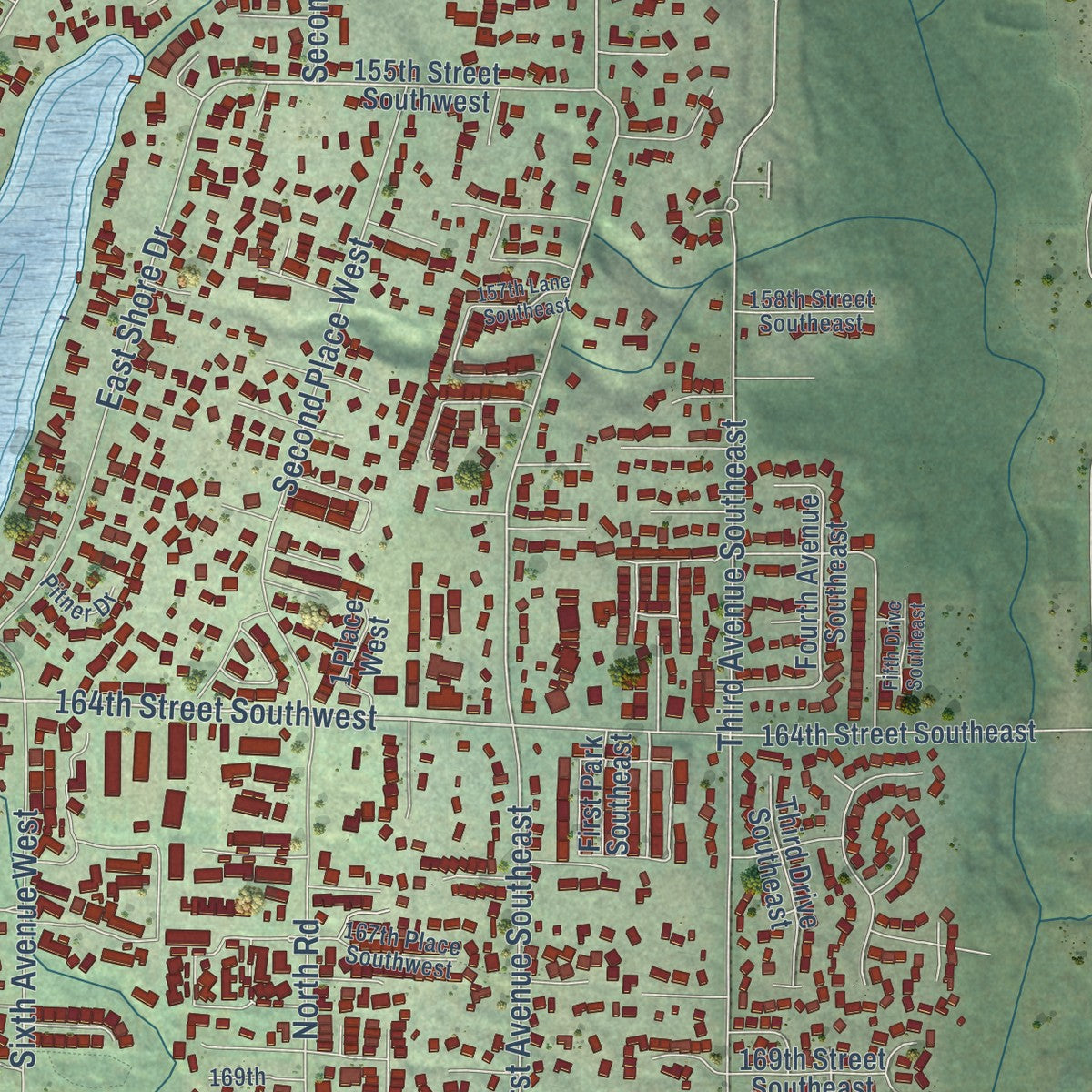 Close-up of the map of Martha Lake, Washington print showing street and building detail