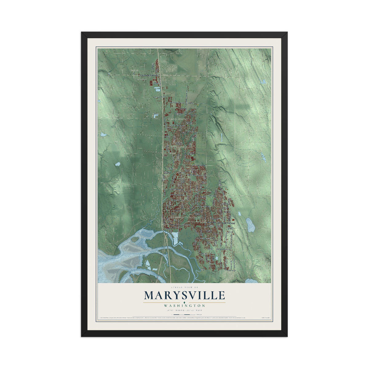 Map of Marysville, Washington, 12 x 18 inch print in a black wood frame