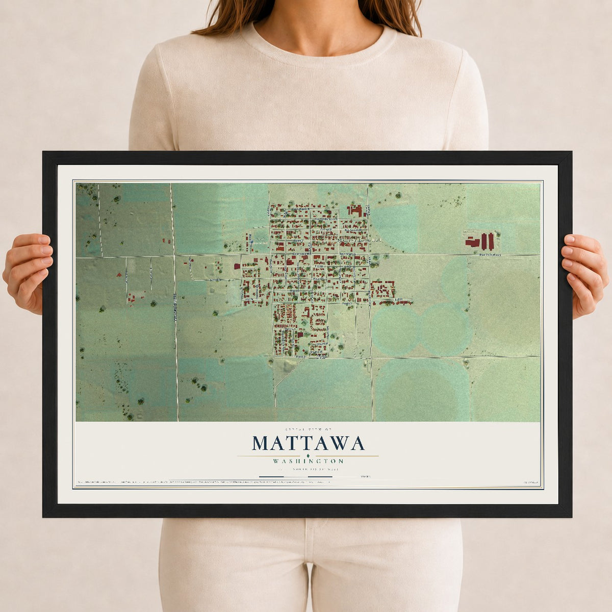 Map of Mattawa, Washington, 12 x 18 inch print in a black wood frame