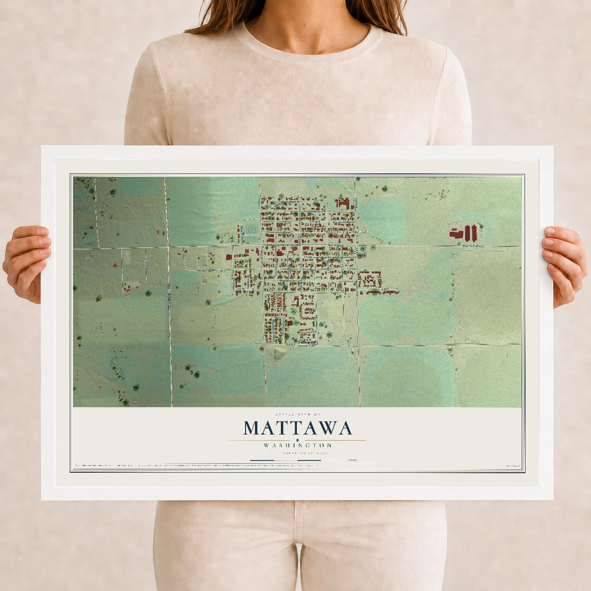 Map of Mattawa, Washington, 12 x 18 inch print in a white wood frame