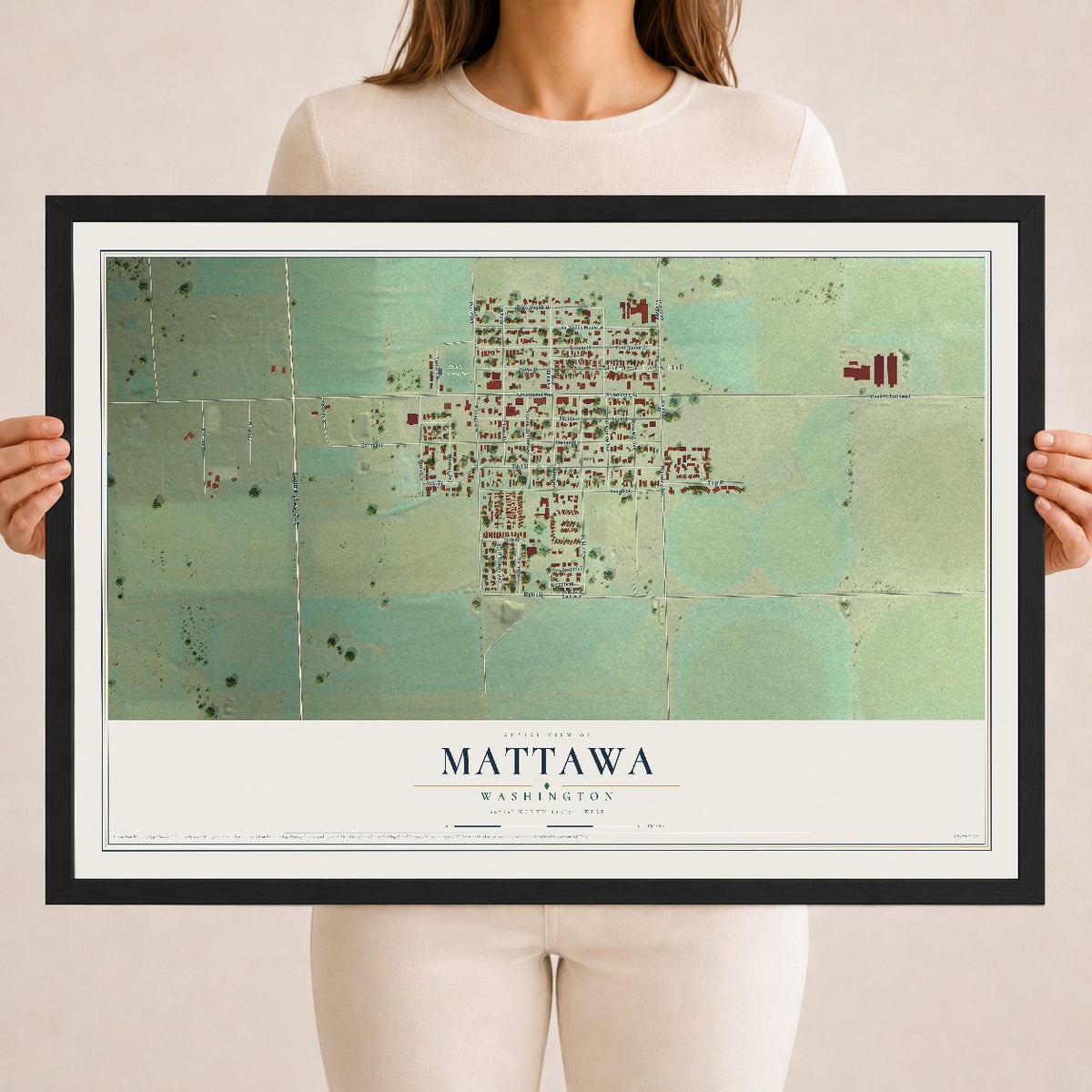 Map of Mattawa, Washington, 18 x 24 inch print in a black wood frame