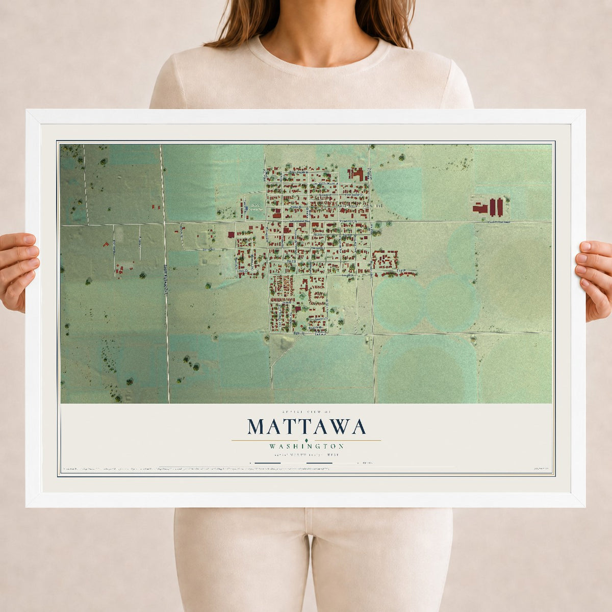 Map of Mattawa, Washington, 18 x 24 inch print in a white wood frame