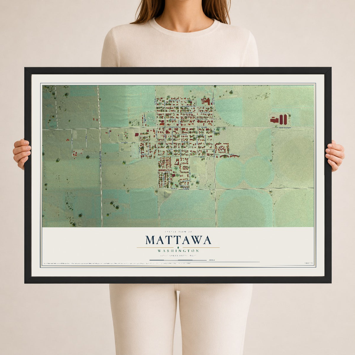 Map of Mattawa, Washington, 24 x 36 inch print in a black wood frame