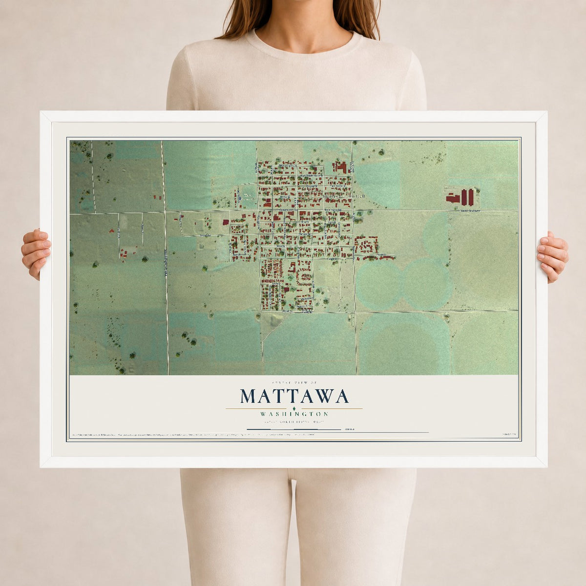 Map of Mattawa, Washington, 24 x 36 inch print in a white wood frame
