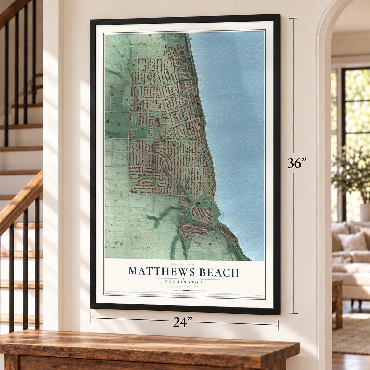 Matthews Beach, Washington map, 24 x 36 inch print in a black frame by a staircase
