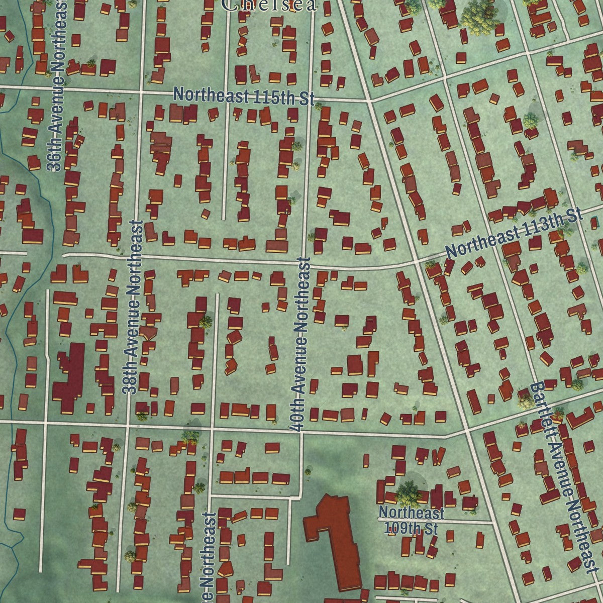 Close-up of the map of Matthews Beach, Washington print showing street and building detail