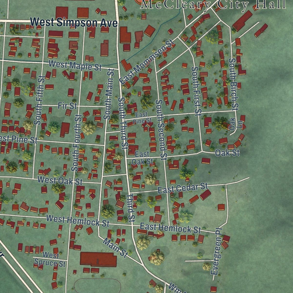Close-up of the map of McCleary, Washington print showing street and building detail