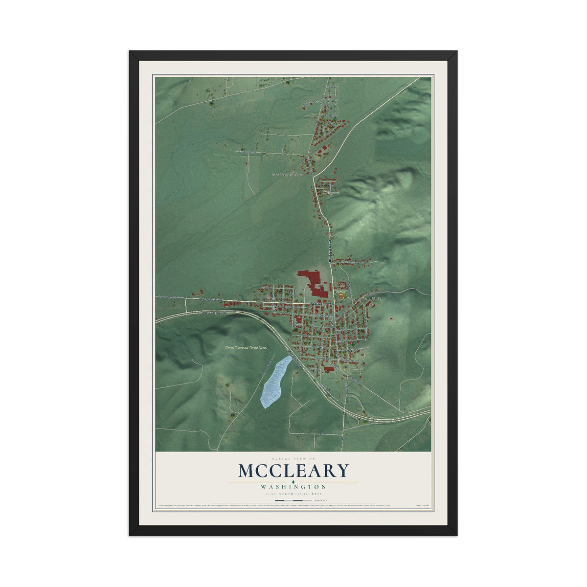 Map of McCleary, Washington, 12 x 18 inch print in a black wood frame