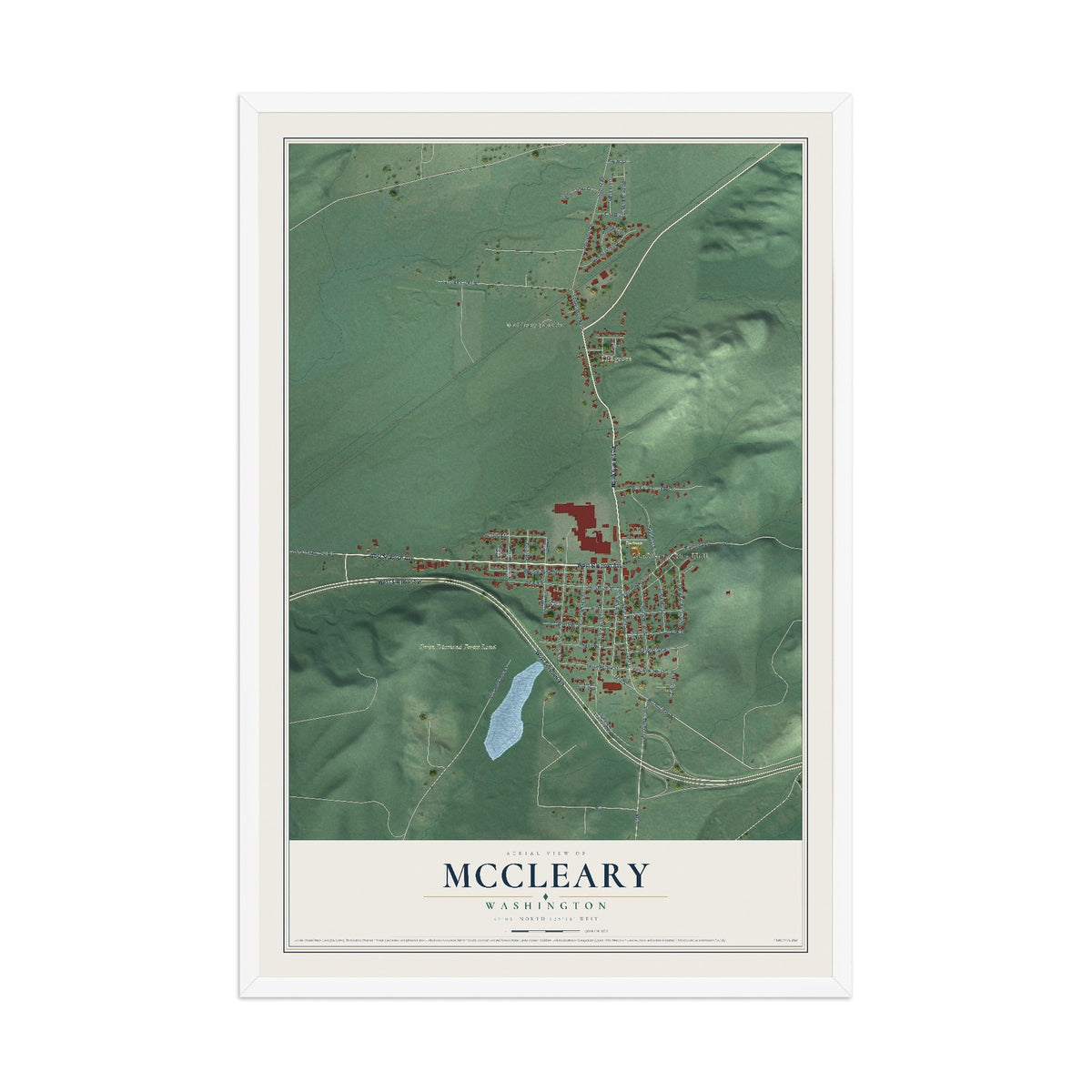Map of McCleary, Washington, 12 x 18 inch print in a white wood frame