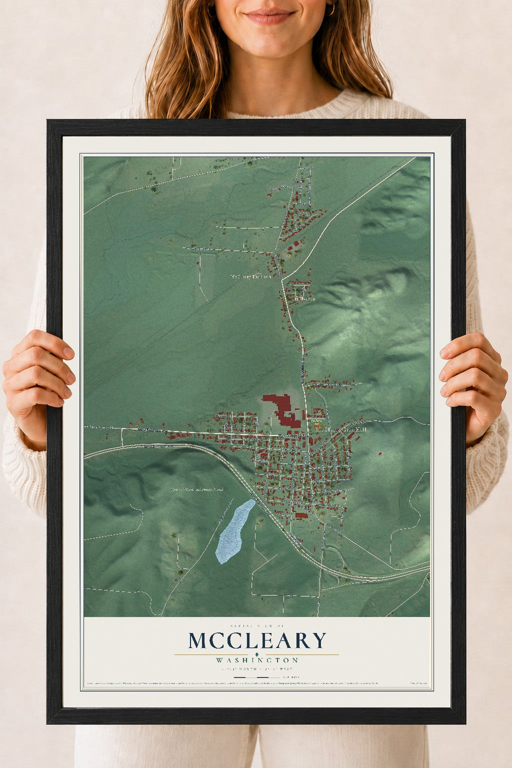Map of McCleary, Washington, 18 x 24 inch print in a black wood frame