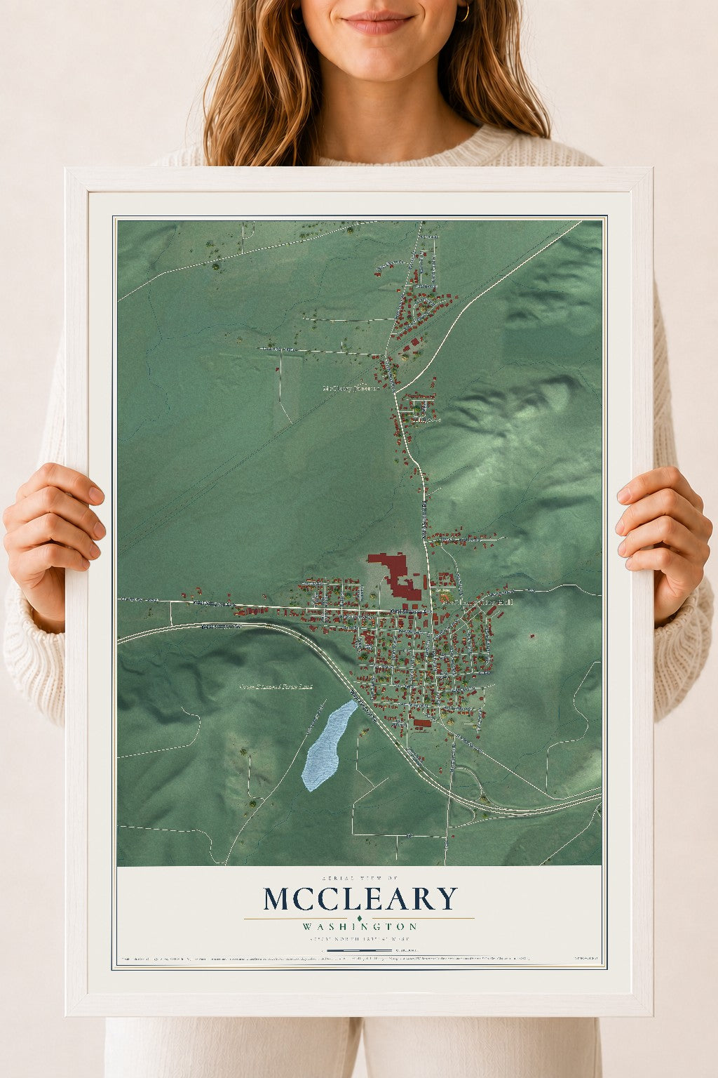 Map of McCleary, Washington, 18 x 24 inch print in a white wood frame