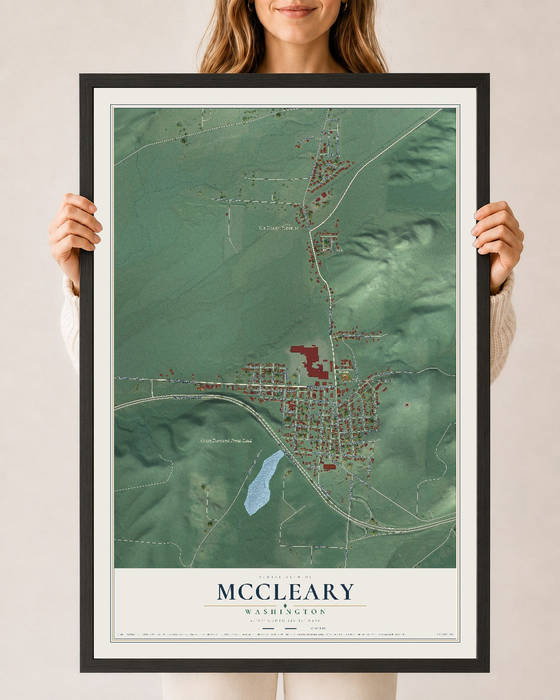 Map of McCleary, Washington, 24 x 36 inch print in a black wood frame