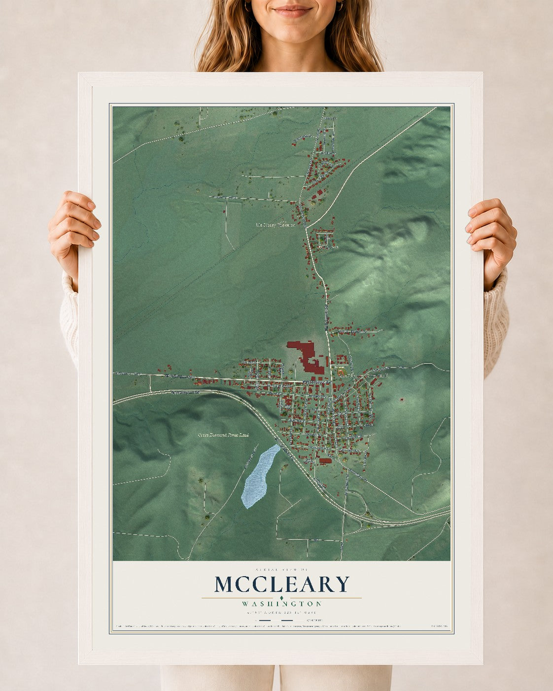 Map of McCleary, Washington, 24 x 36 inch print in a white wood frame