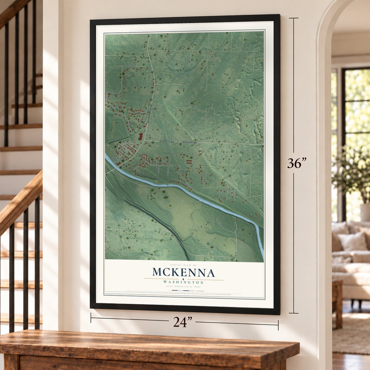 McKenna, Washington map, 24 x 36 inch print in a black frame by a staircase