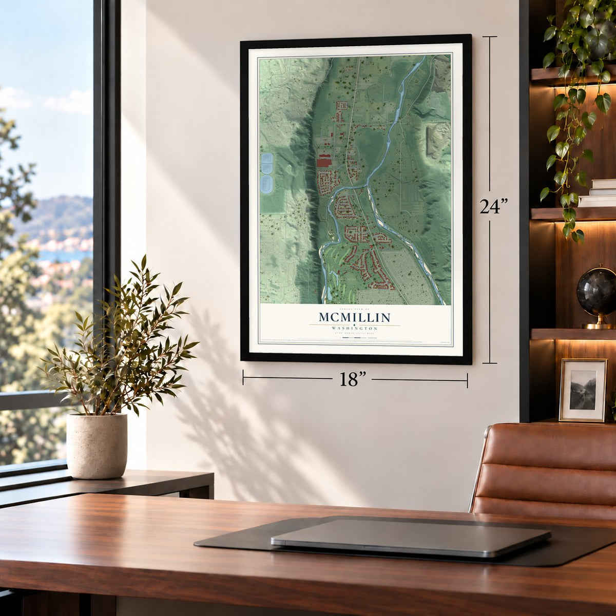 McMillin, Washington map, 18 x 24 inch print in a black frame in a home office
