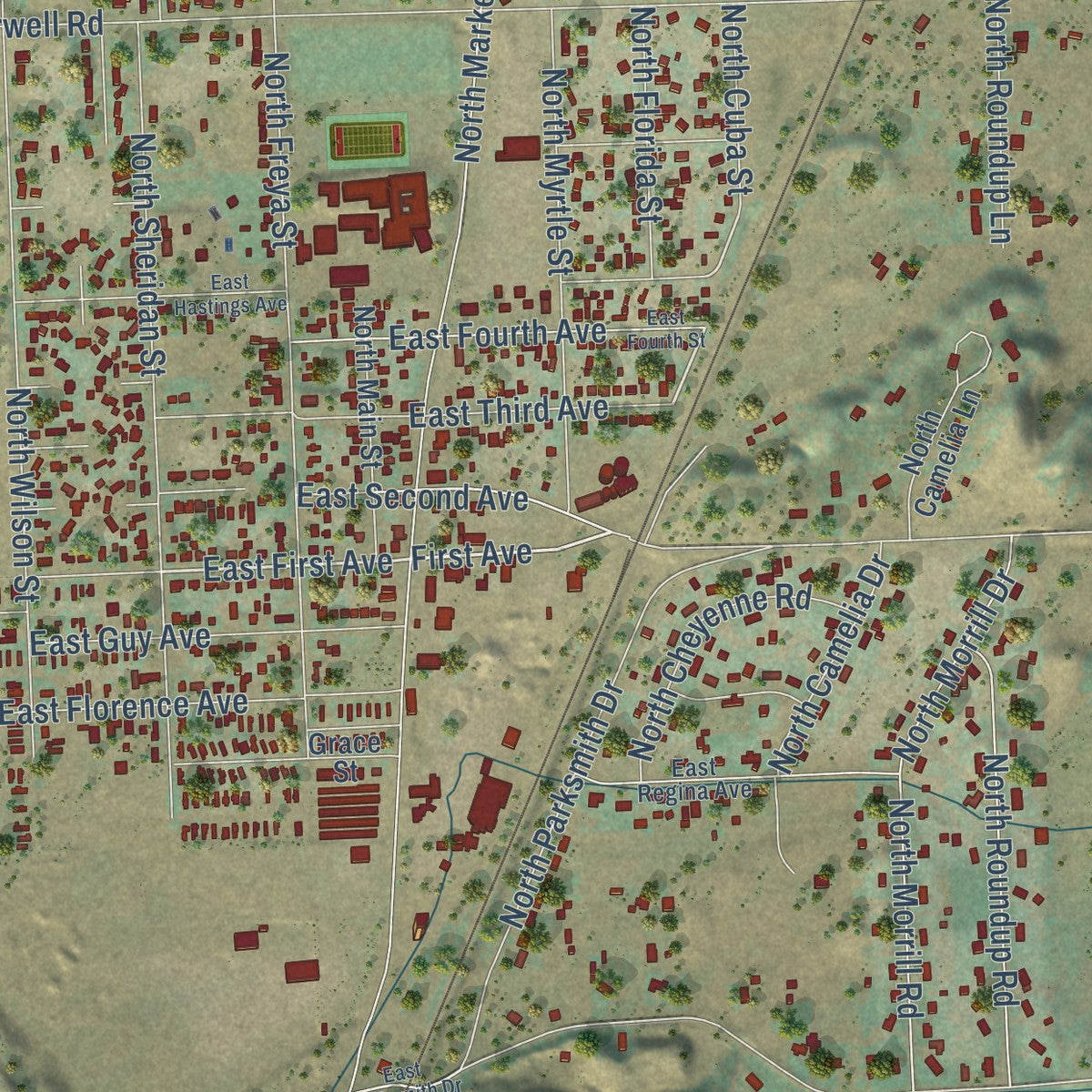 Close-up of the map of Mead, Washington print showing street and building detail