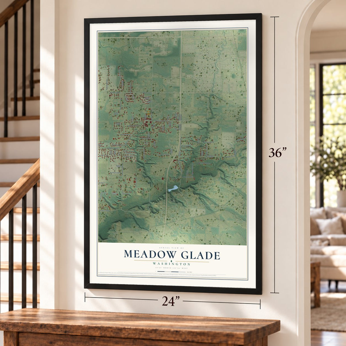 Meadow Glade, Washington map, 24 x 36 inch print in a black frame by a staircase