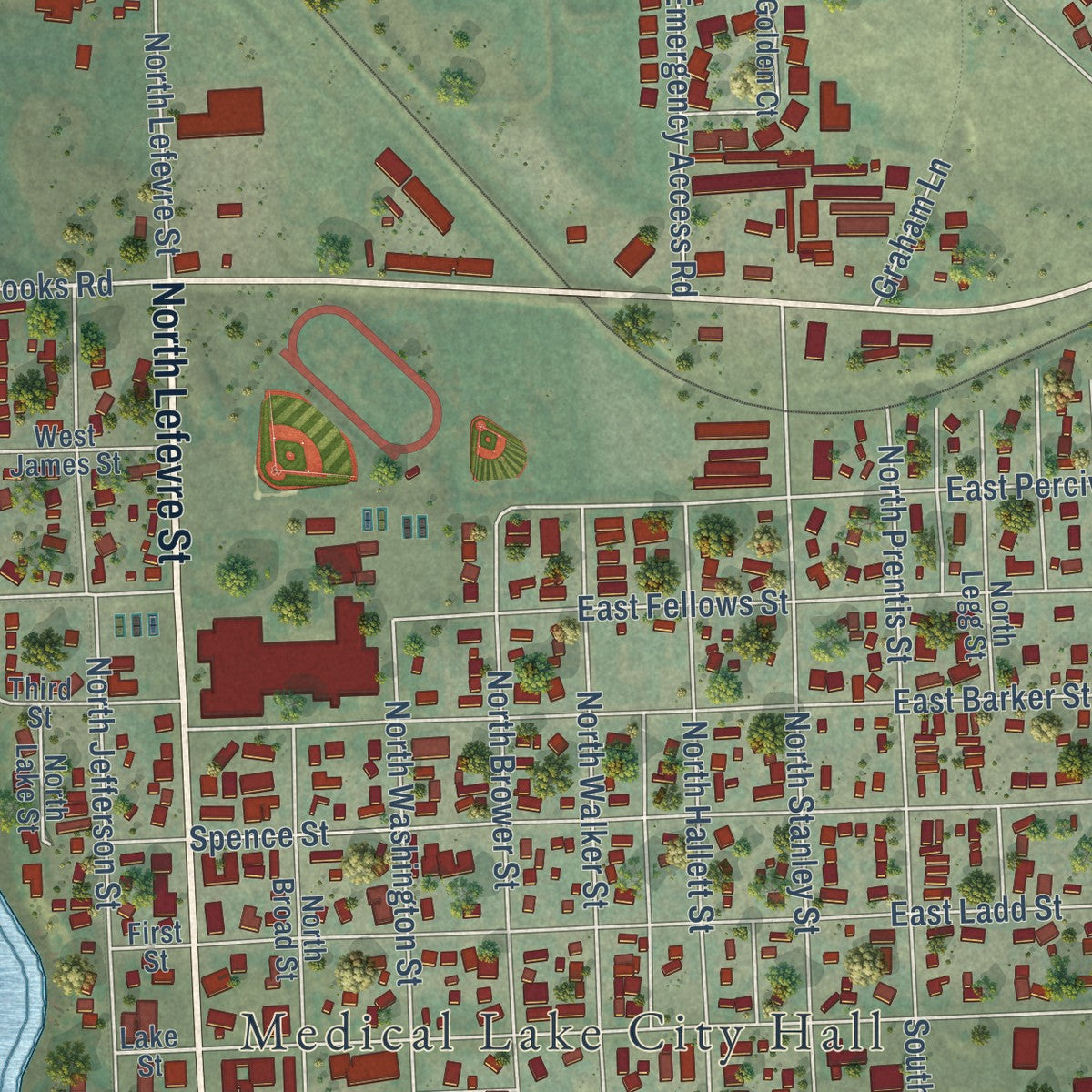 Close-up of the map of Medical Lake, Washington print showing street and building detail