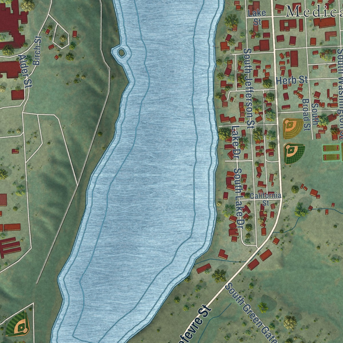 Second close-up of the map of Medical Lake, Washington print showing more streets and buildings