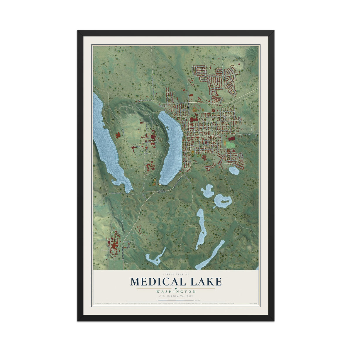Map of Medical Lake, Washington, 12 x 18 inch print in a black wood frame