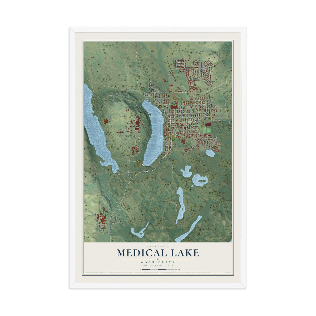 Map of Medical Lake, Washington, 12 x 18 inch print in a white wood frame