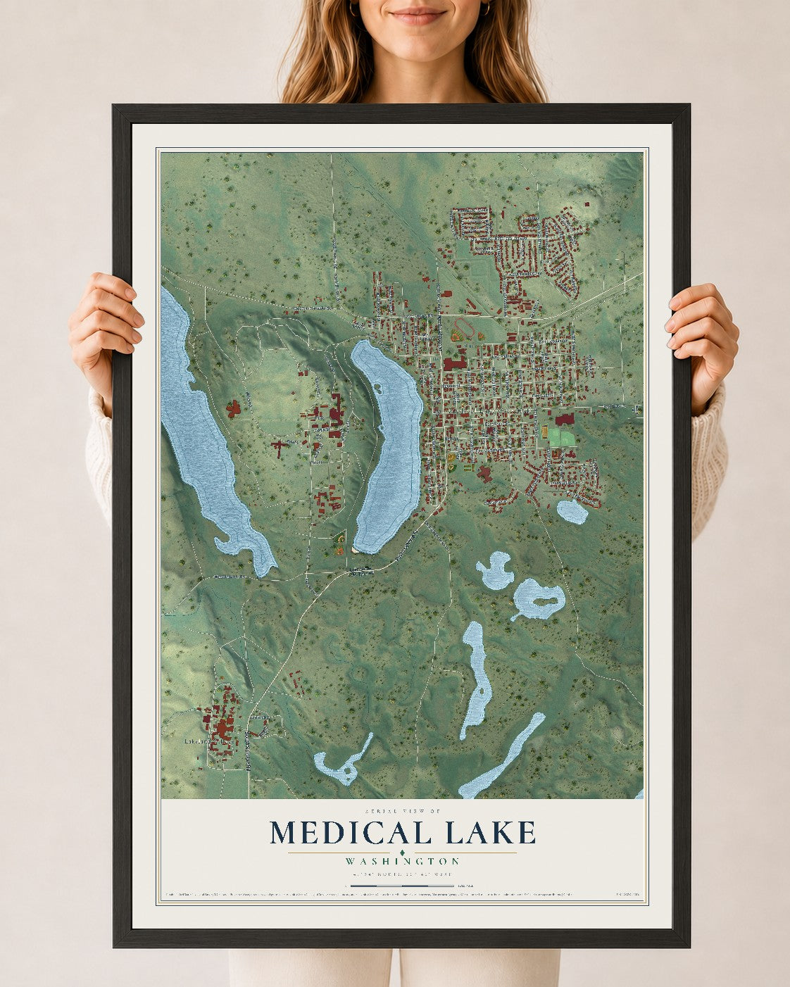 Map of Medical Lake, Washington, 24 x 36 inch print in a black wood frame