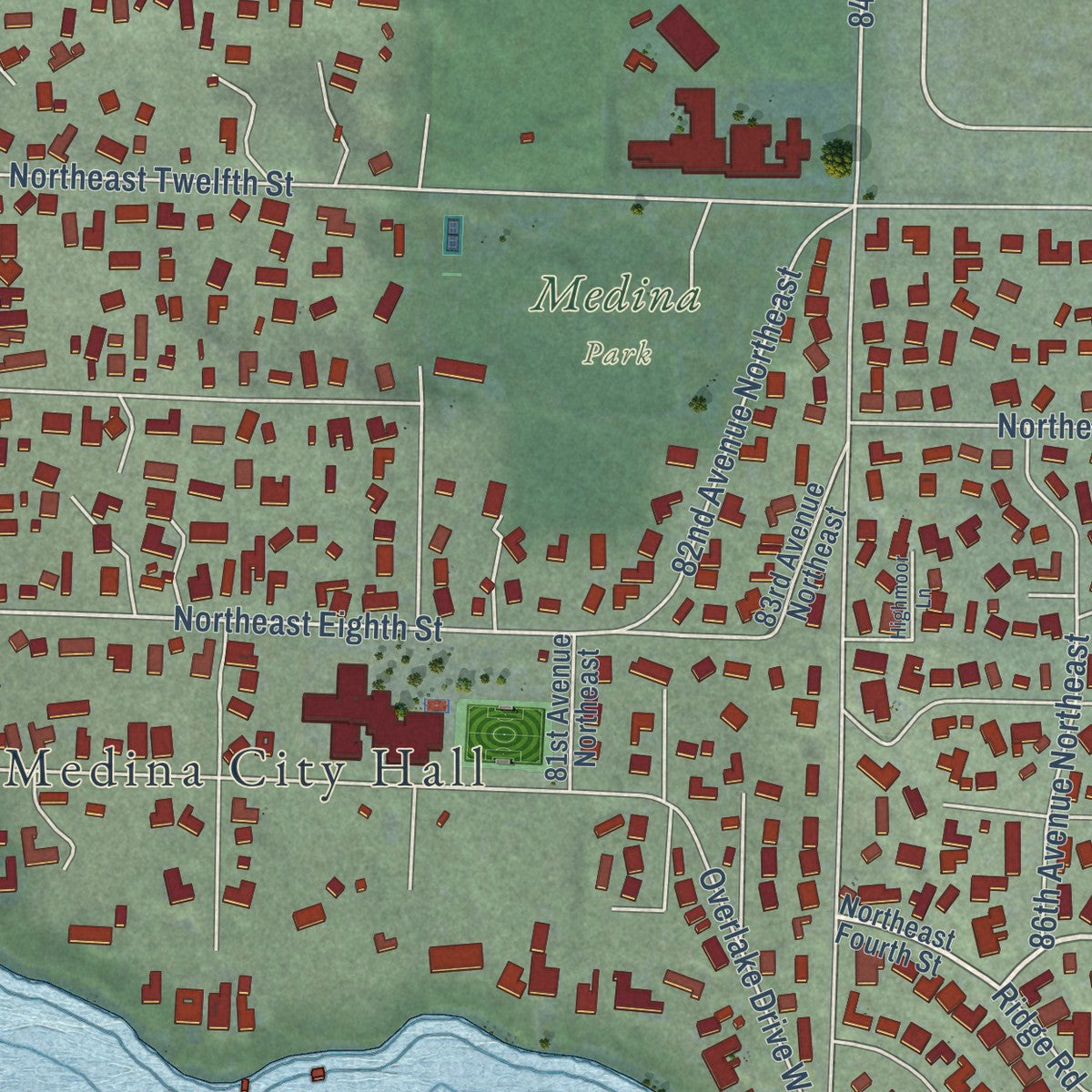 Close-up of the map of Medina, Washington print showing street and building detail
