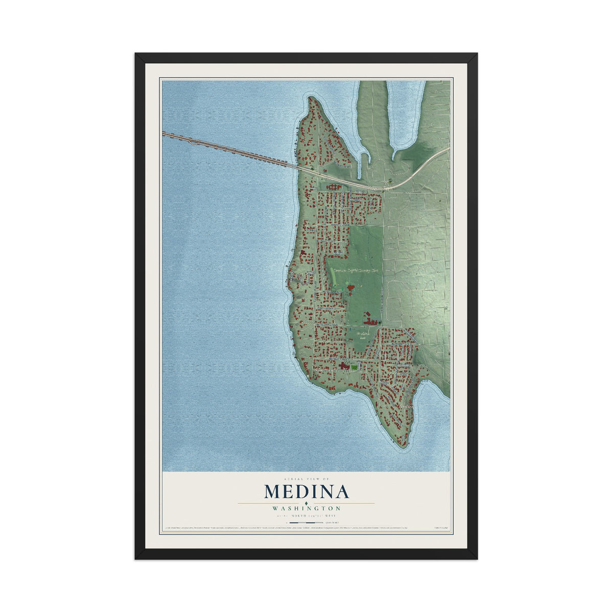 Map of Medina, Washington, 12 x 18 inch print in a black wood frame
