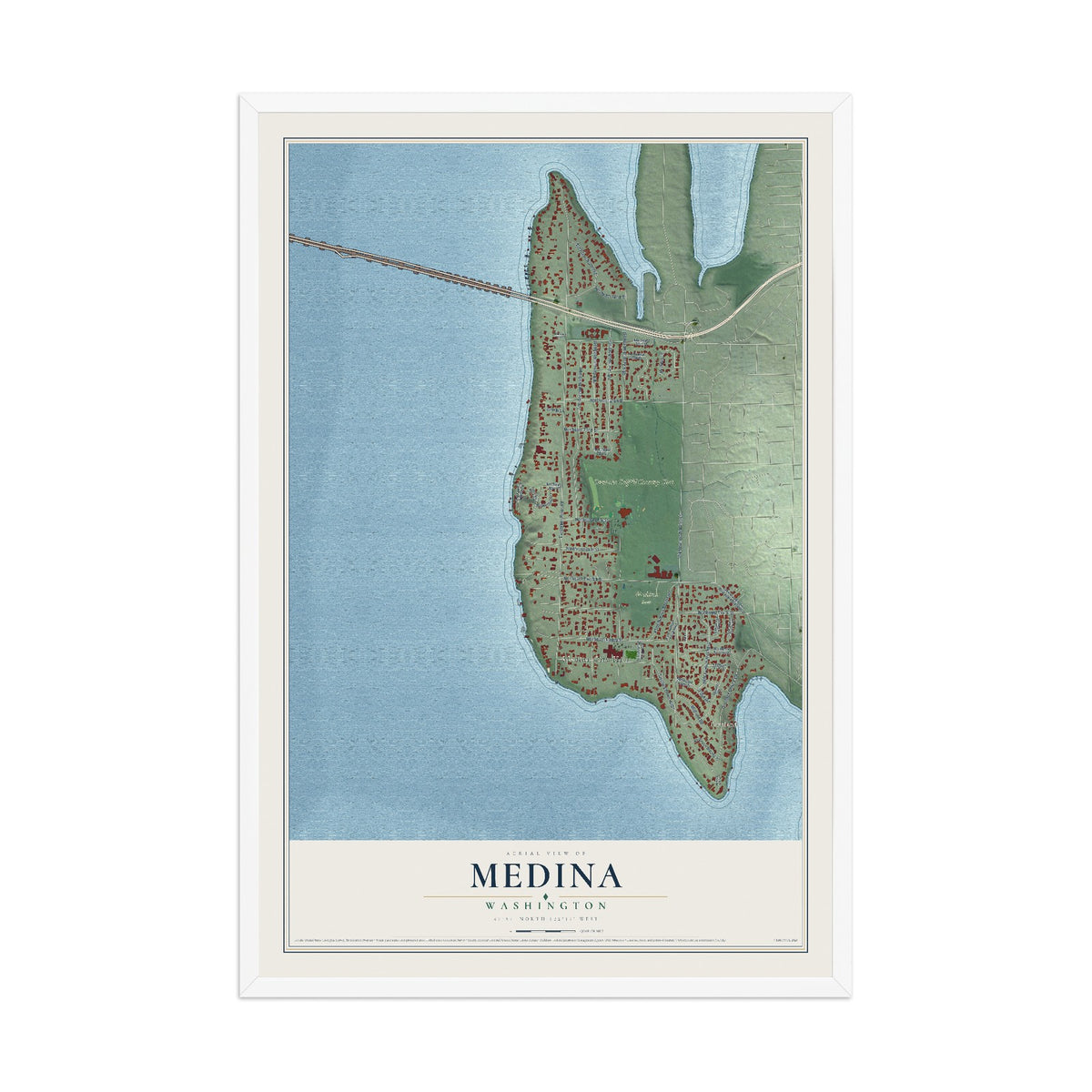 Map of Medina, Washington, 12 x 18 inch print in a white wood frame