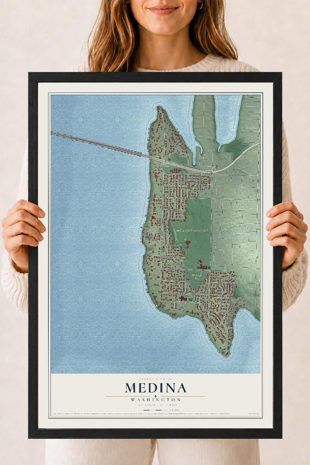Map of Medina, Washington, 18 x 24 inch print in a black wood frame
